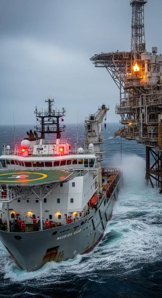 Marine supply vessel in rough seas alongside platform